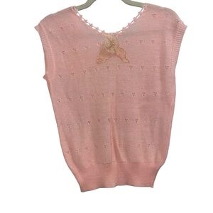 Vintage Hand Knit Pink Sweater Vest Coquette Bow Detail Women's S